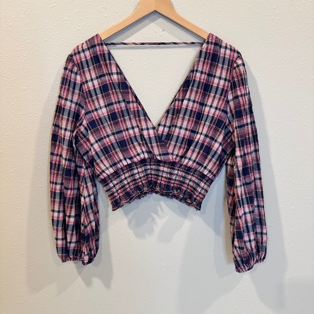 Zara Plaid Crop Top Women Medium Pink Smocked Balloon Sleeve Preppy Cottage Boho - Picture 2 of 12